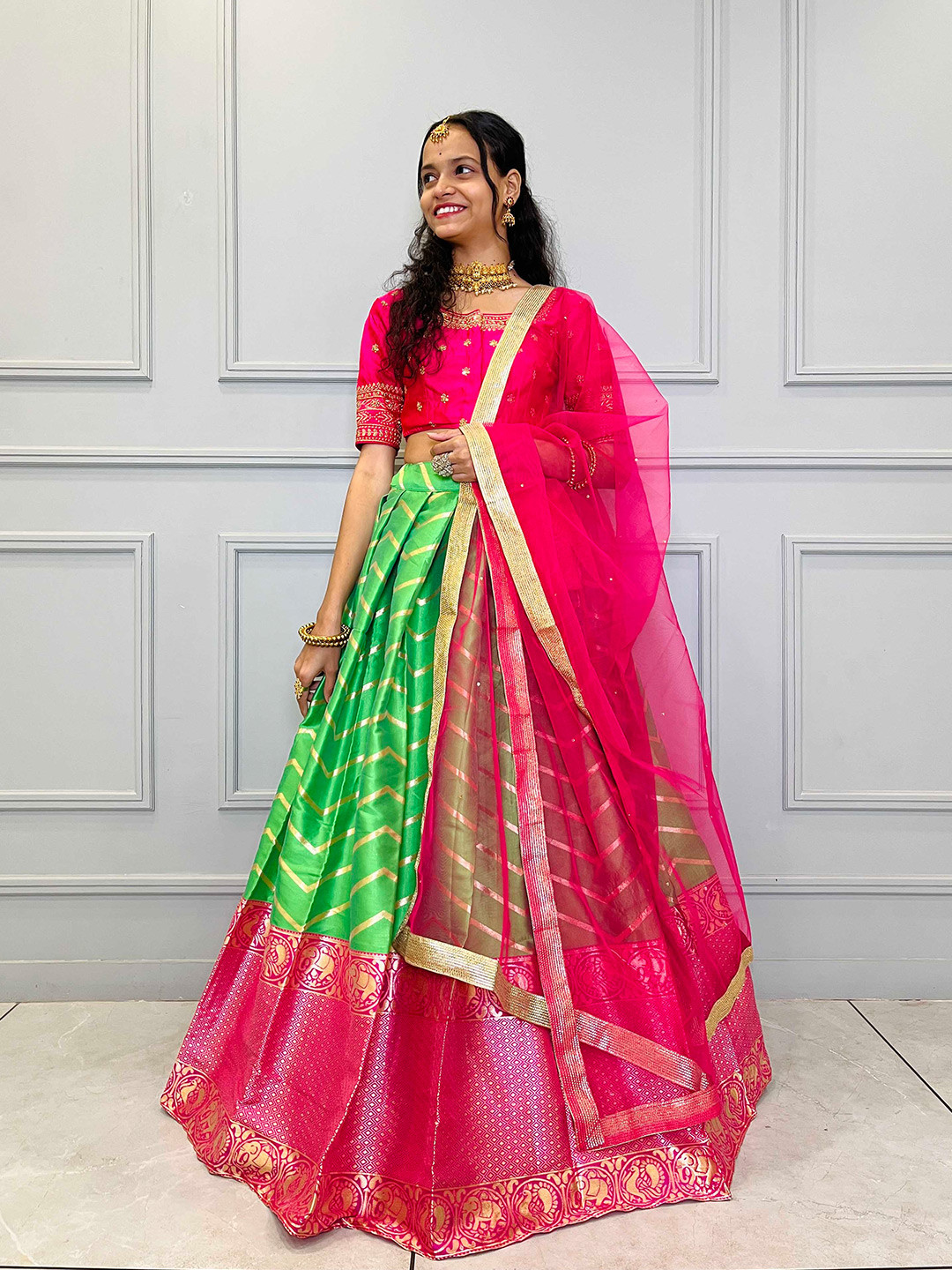 Fabcartz Ethnic Motifs Woven Design Embroidered Semi-Stitched Lehenga Choli