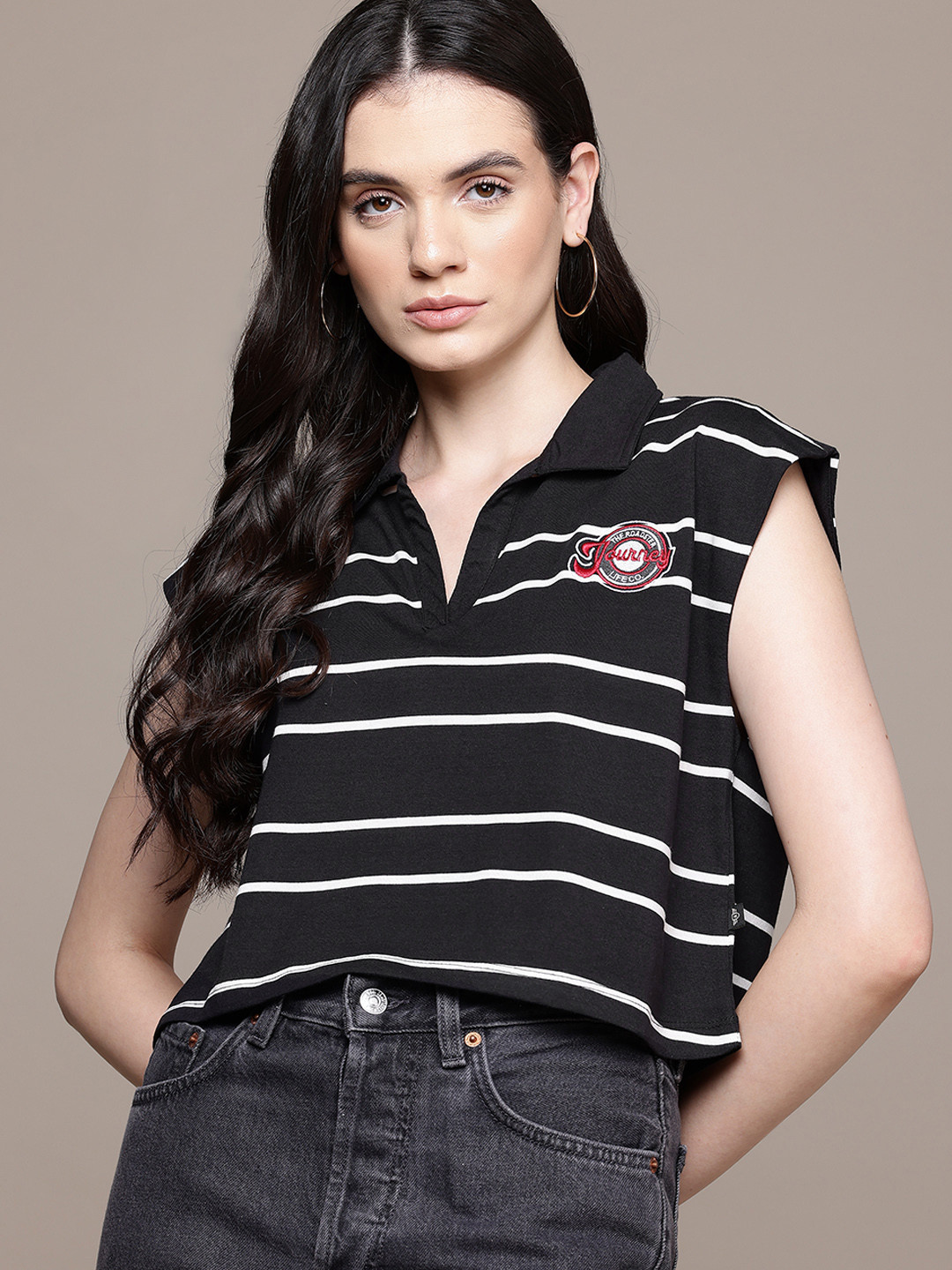 The Roadster Lifestyle Co. Women Striped Polo Collar Boxy Fit Oversized T-shirt