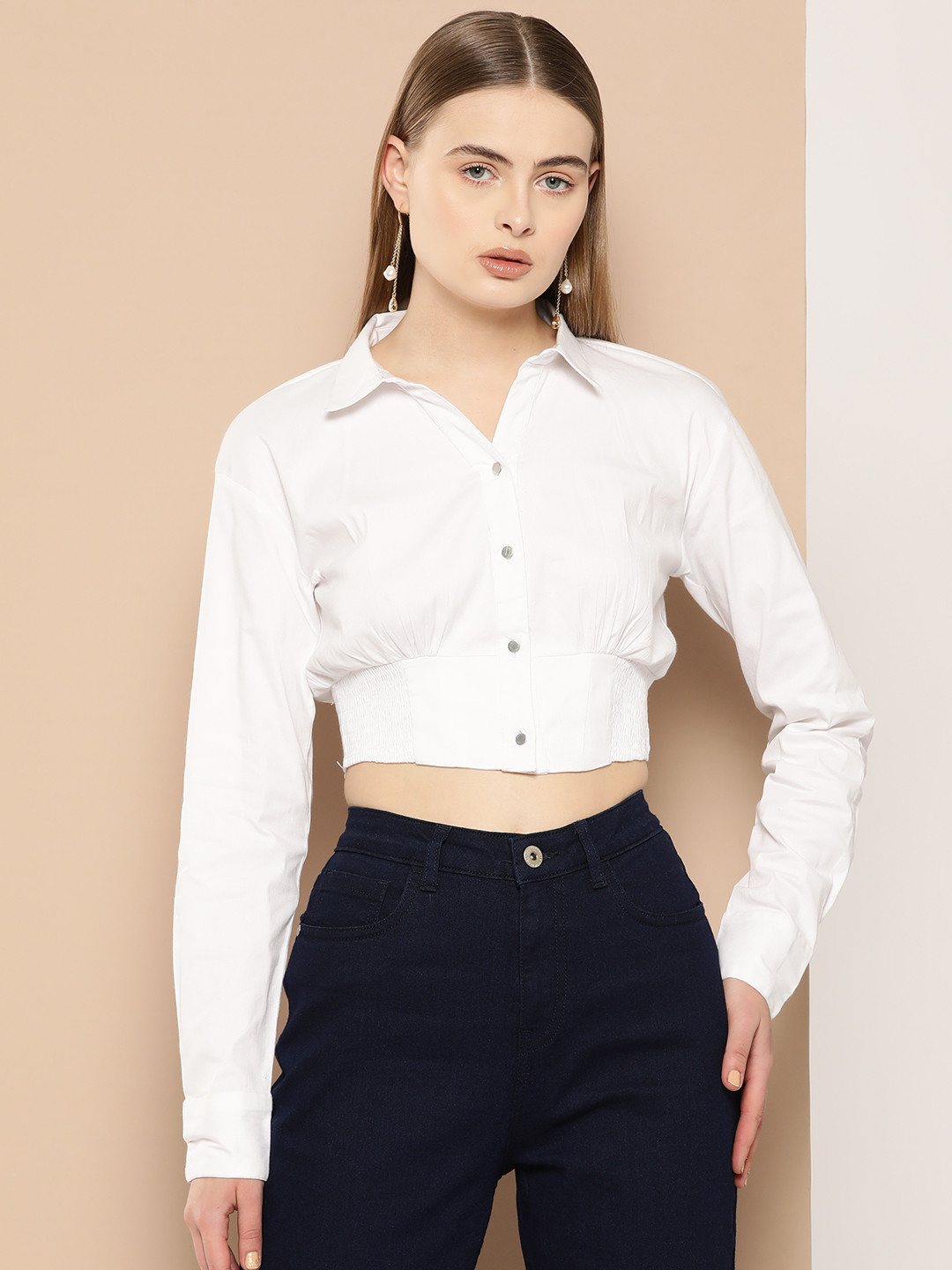 Chemistry Full Sleeves Crop Smocked Casual Shirt
