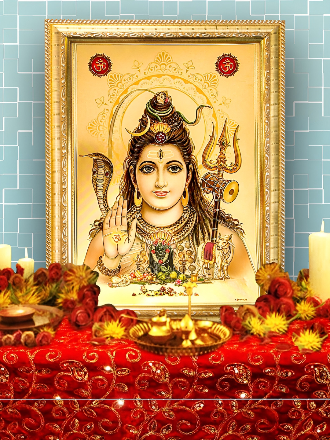 Hawai Gold Toned &  Brown Wooden Rectangular Gold Plated Lord Shiva Photo Frame