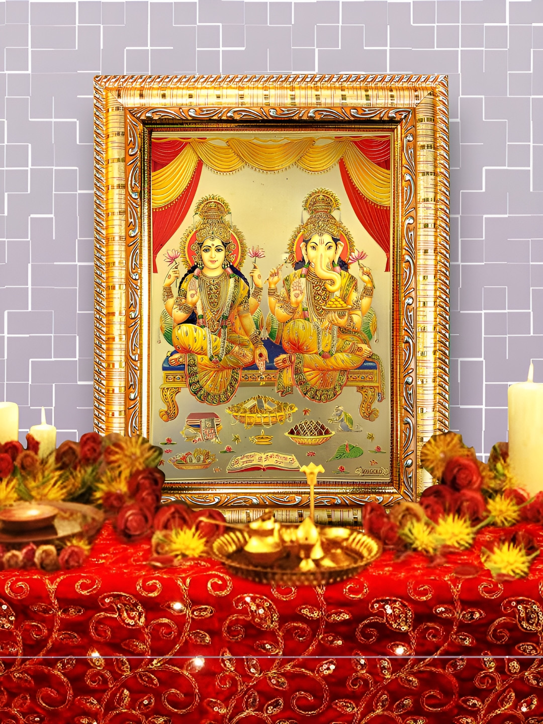 Hawai Gold Toned & Red Wooden Rectangular Ganesh Laxmi Gold Plated Photo Frame