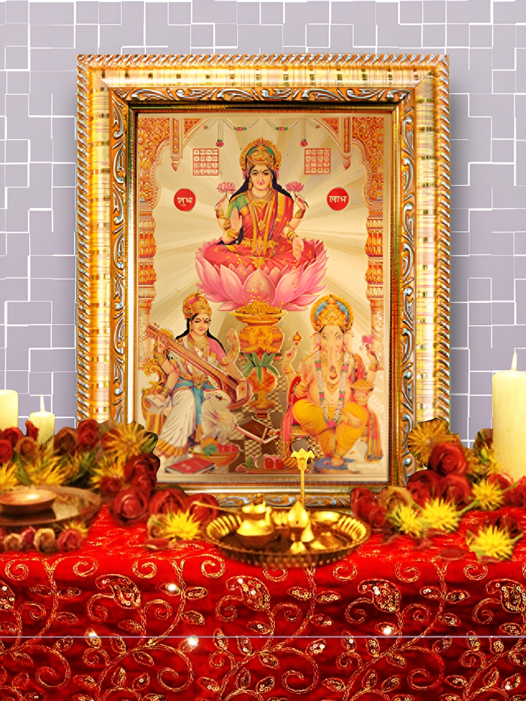 Hawai Gold Toned & Pink Wooden Rectangular Ganesh Laxmi Saraswati Gold Plated Photo Frame