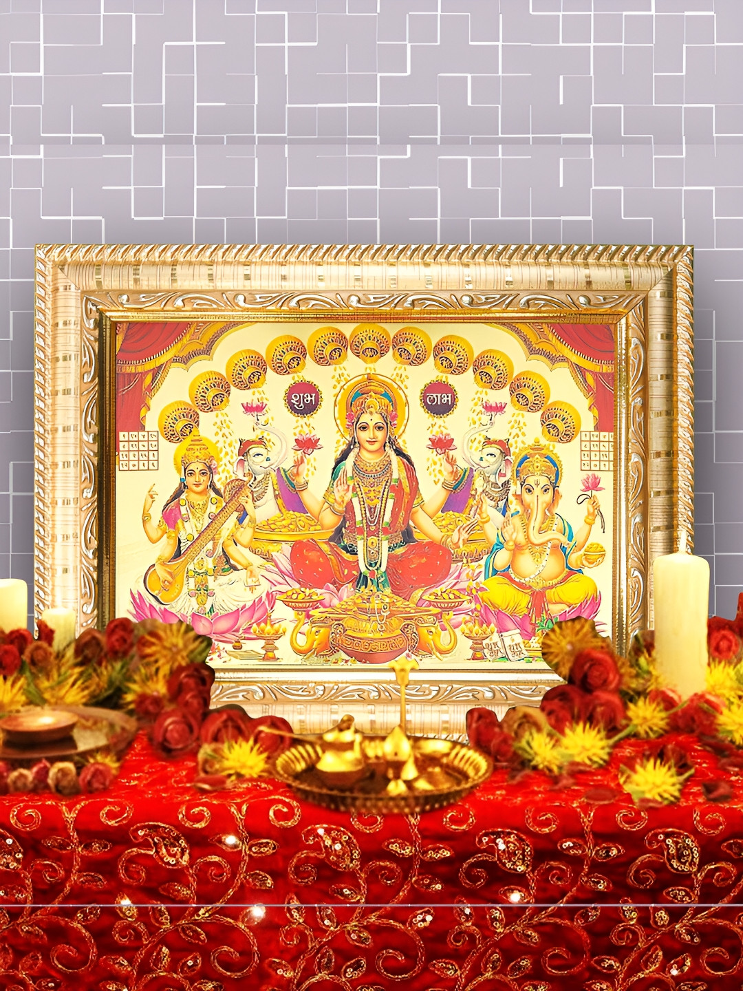 Hawai Gold-Toned & Red Ganesh Lakshmi Saraswati Gold Plated Wooden Photo Frames