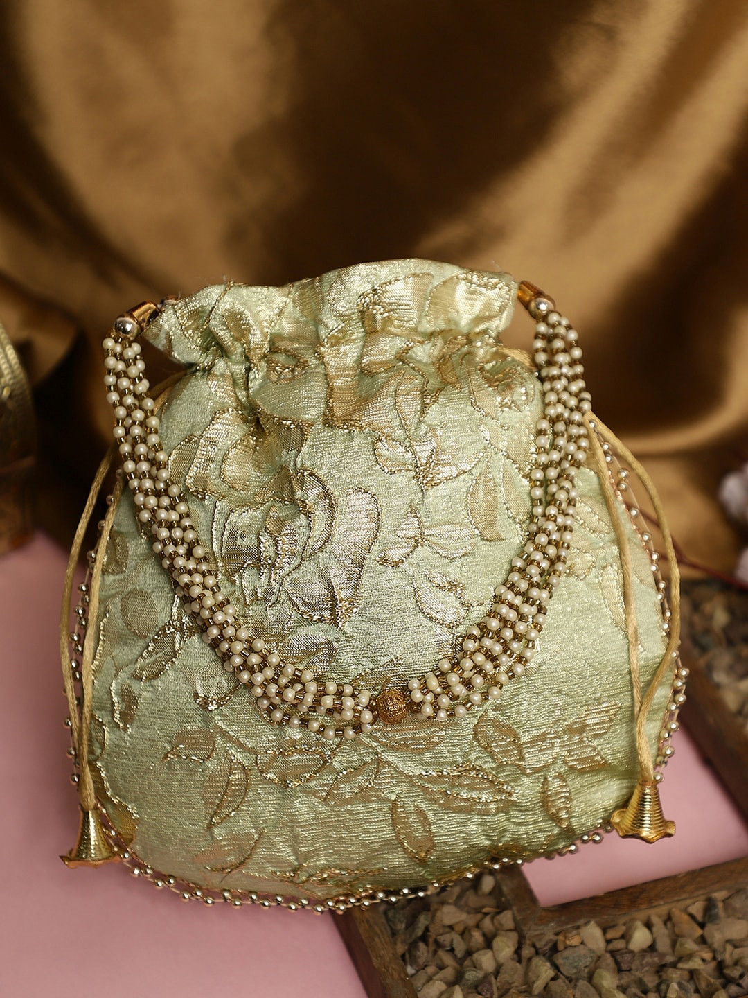 Dhrohar Floral Woven Design Embellished Cotton Potli