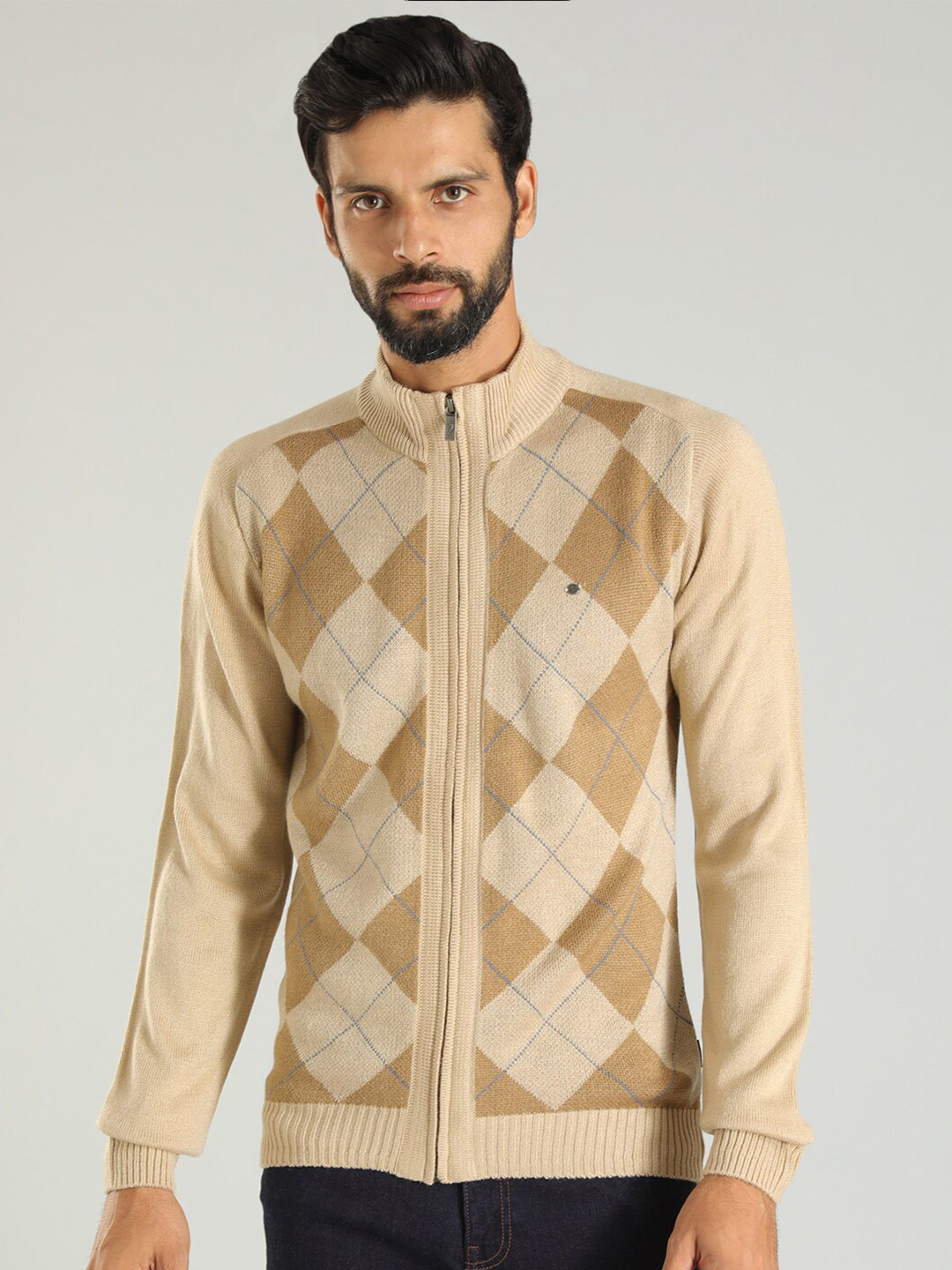 Indian Terrain Checked Mock Collar Pure Acrylic Front-Open Sweater