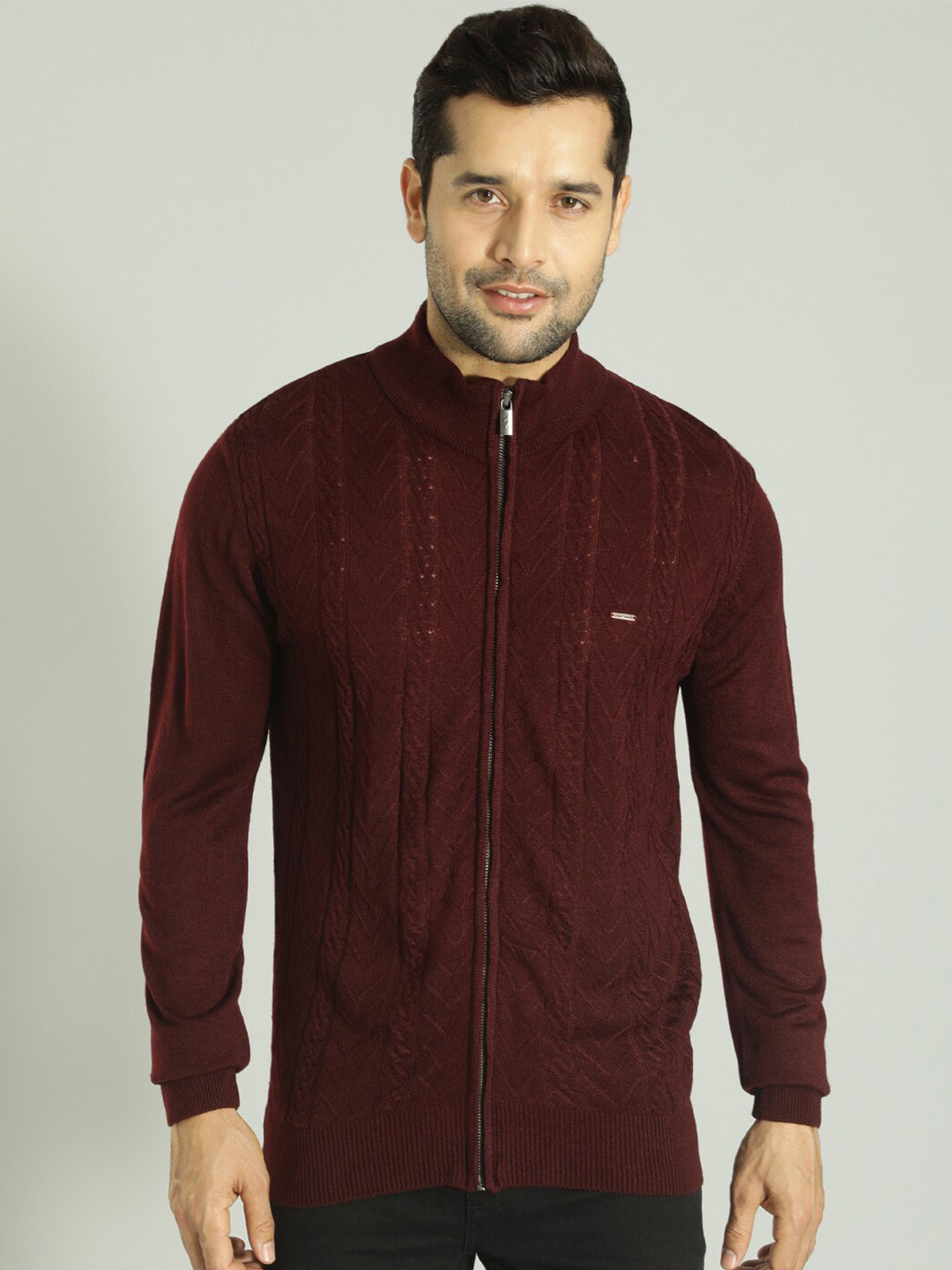 Indian Terrain Cable Knit Mock Collar Pure Acrylic Cardigan Sweater