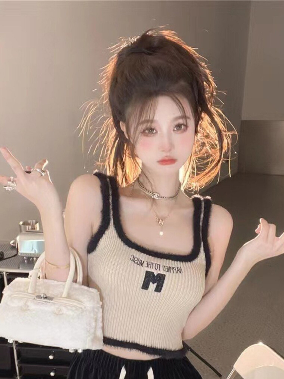 StyleCast Girls Cream-Coloured Typography Printed Shoulder Straps Nylon Crop Top