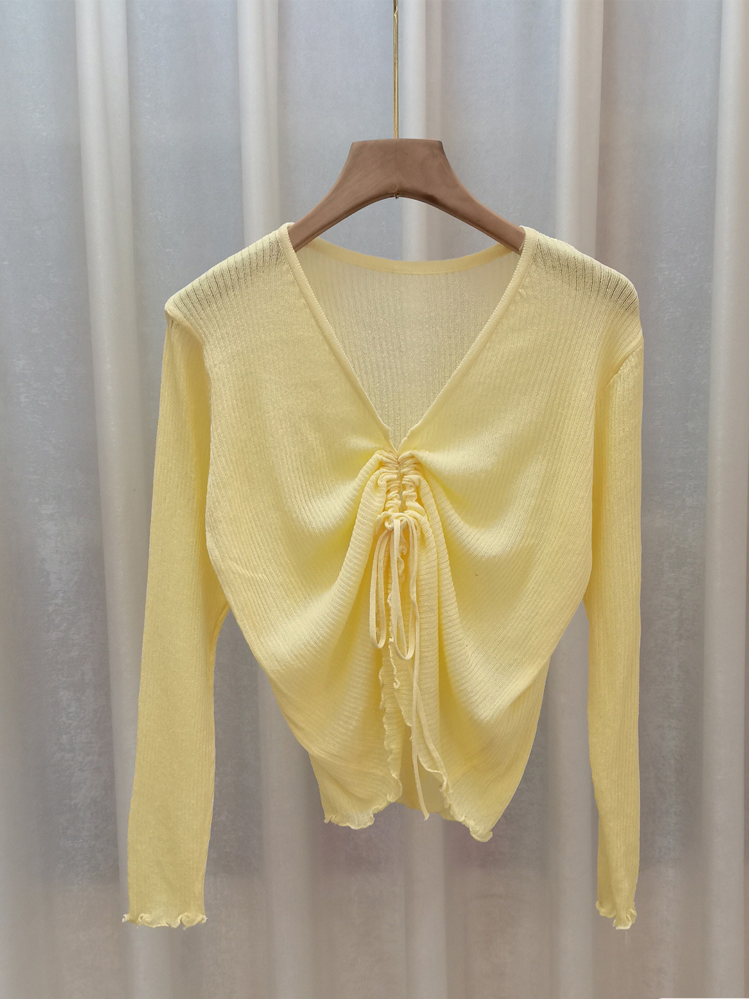 StyleCast Girls Yellow Self Design V-Neck Ruched Tie-Ups Detail Linen Top