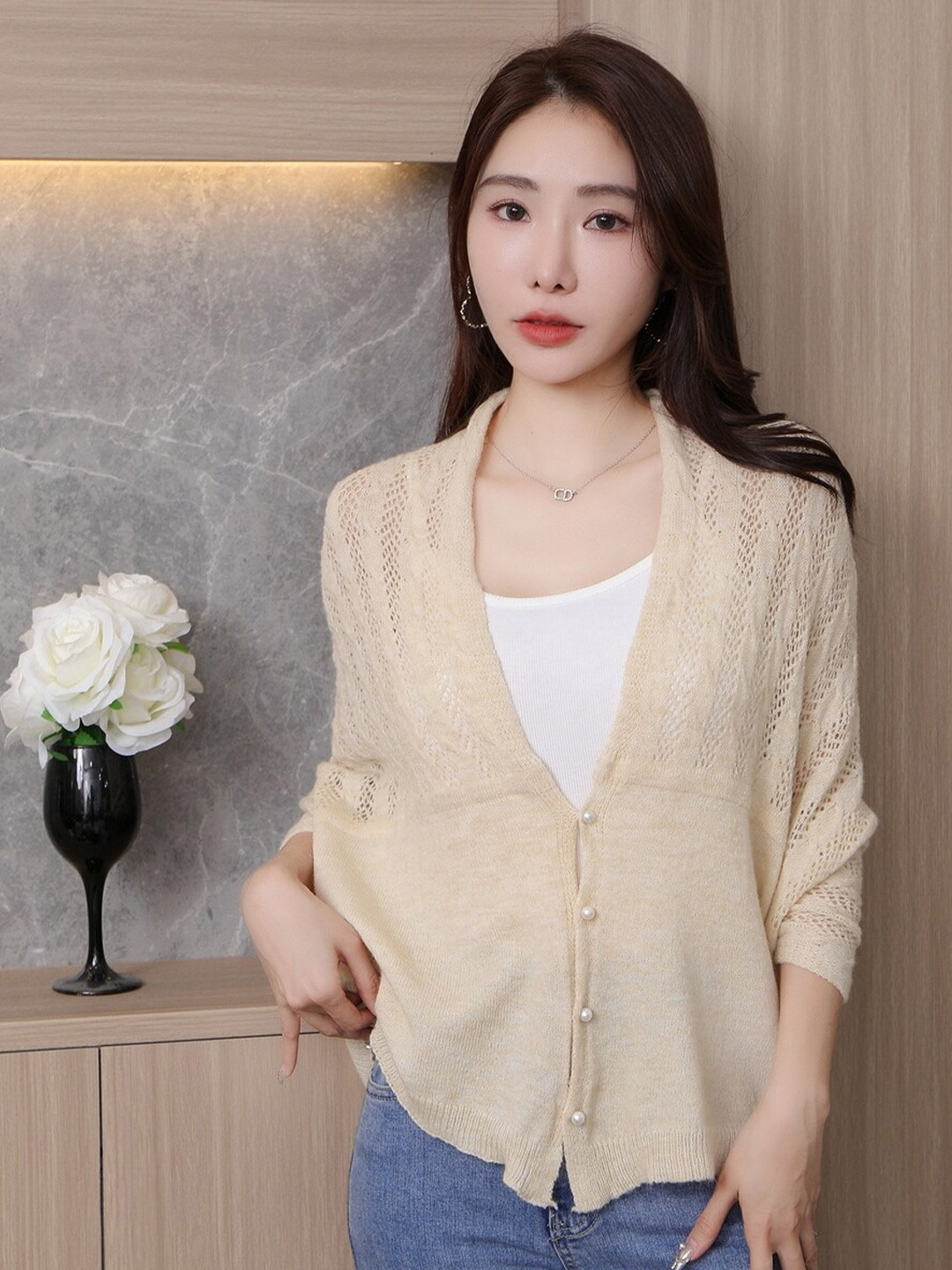 StyleCast Cream-Coloured Self Design V-Neck Shirt Style Top