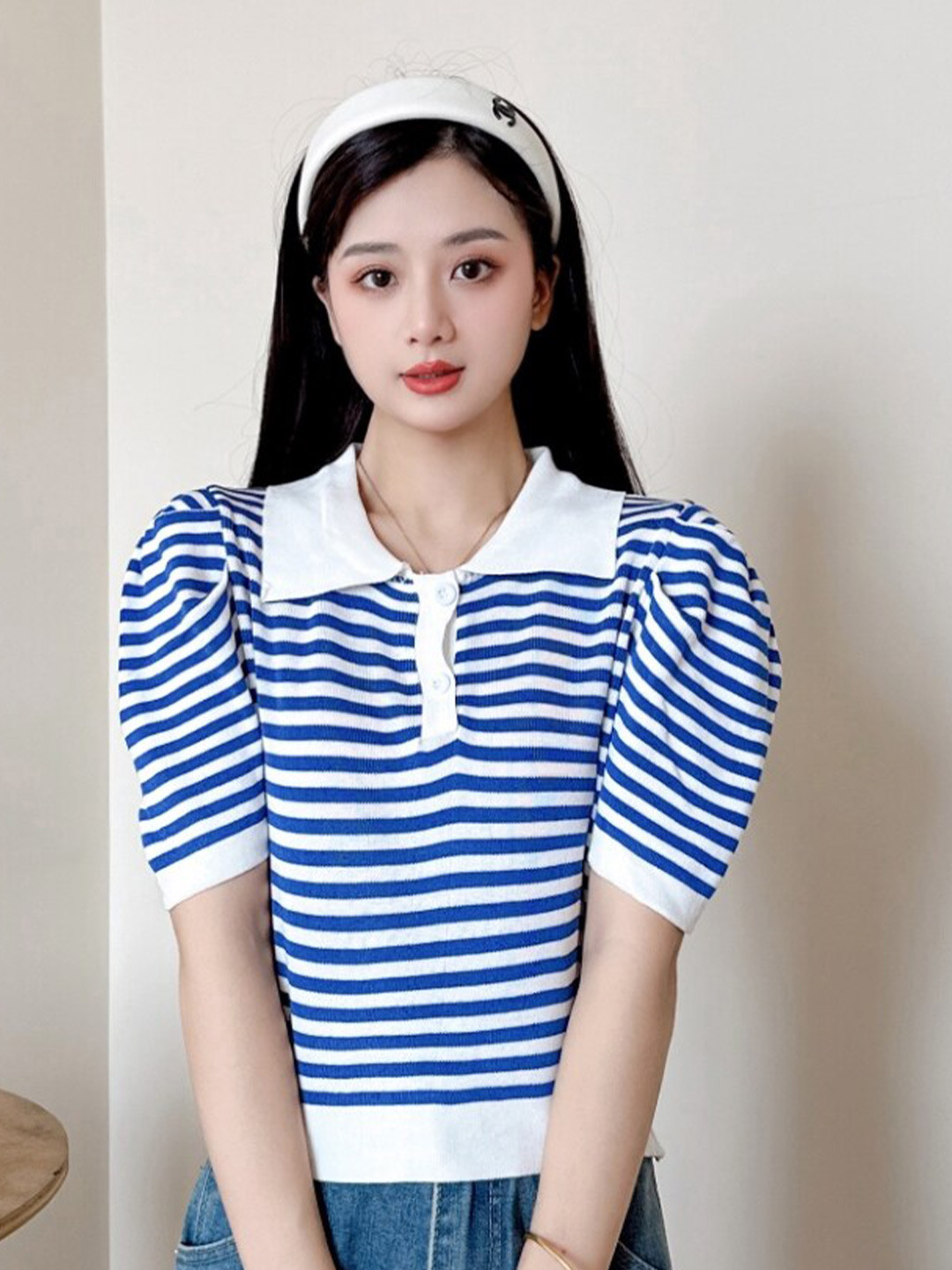 StyleCast Blue & White Horizontal Striped Shirt Collar Top