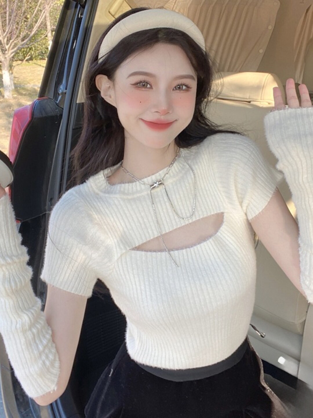 StyleCast White Ribbed Cut Out Top