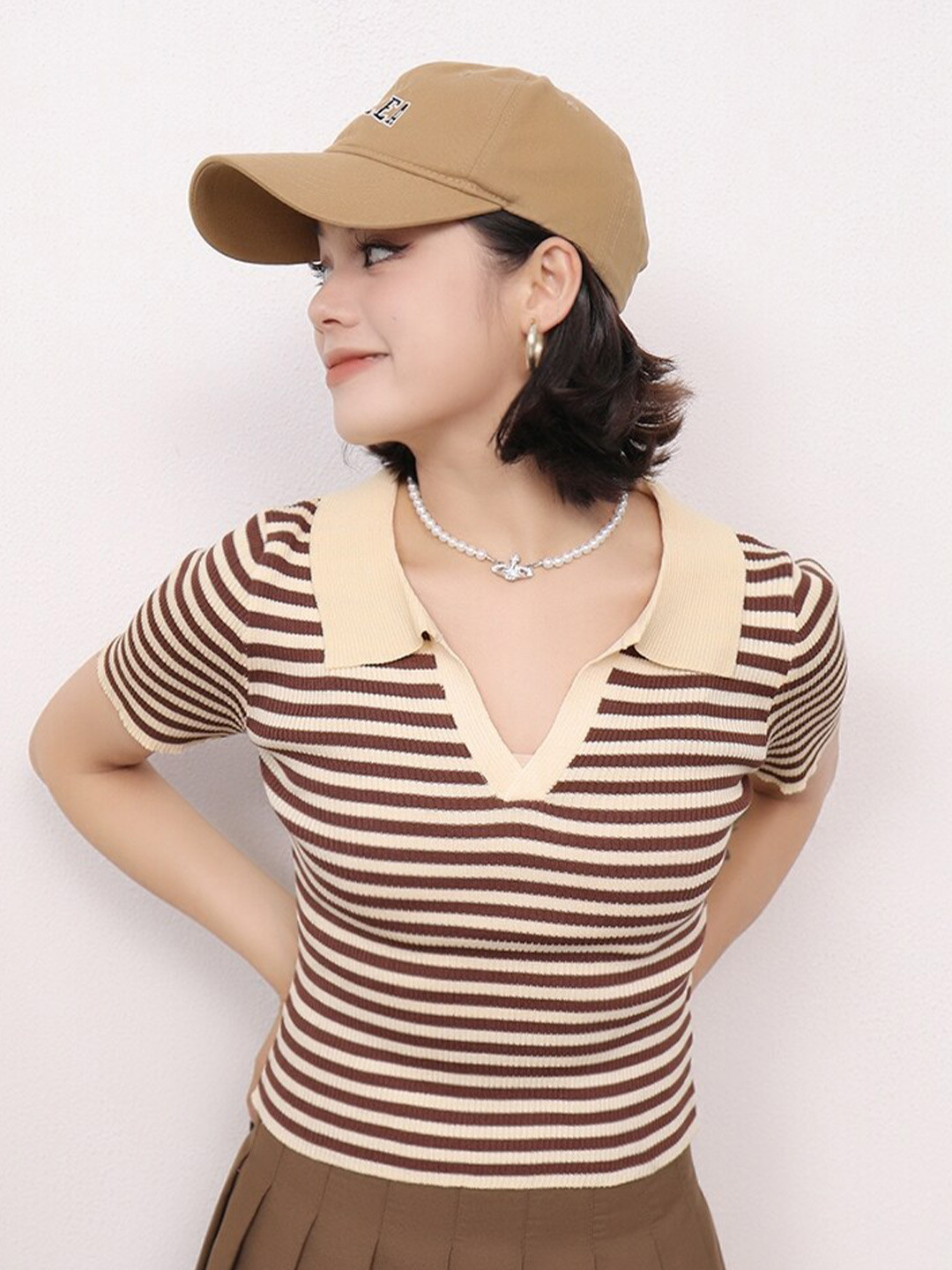 StyleCast Teen Girls Brown & Beige Horizontal Striped Shirt Collar Fitted Top