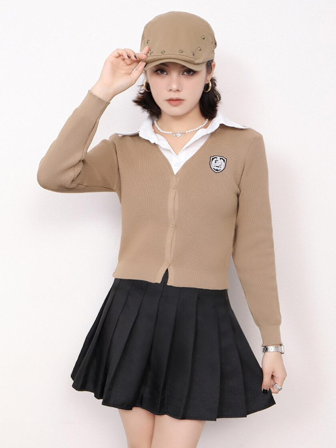 StyleCast Teen Girls Brown & White Shirt Collar Shirt Style Top