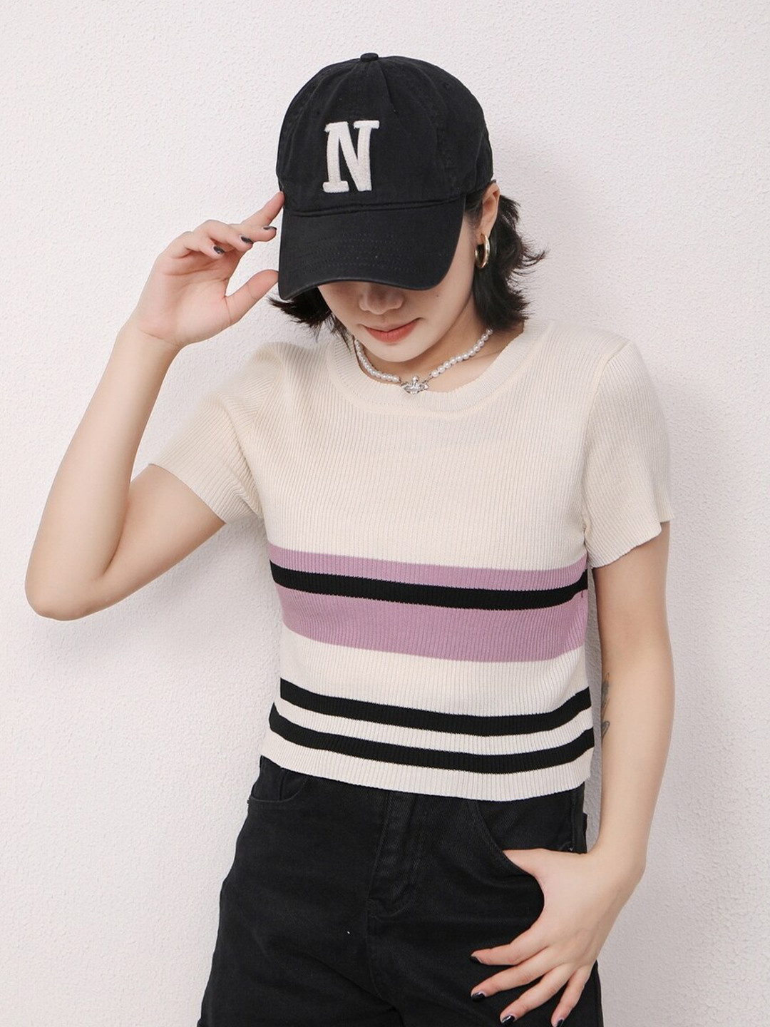 StyleCast Girls Cream-Coloured Striped Short sleeves Top