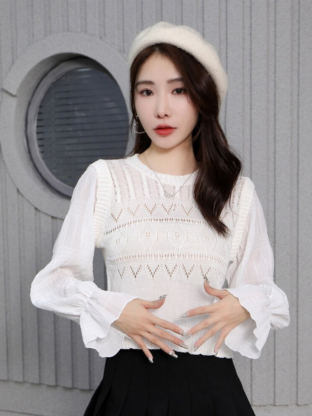 StyleCast Girls White Self Design Long Sleeves Top