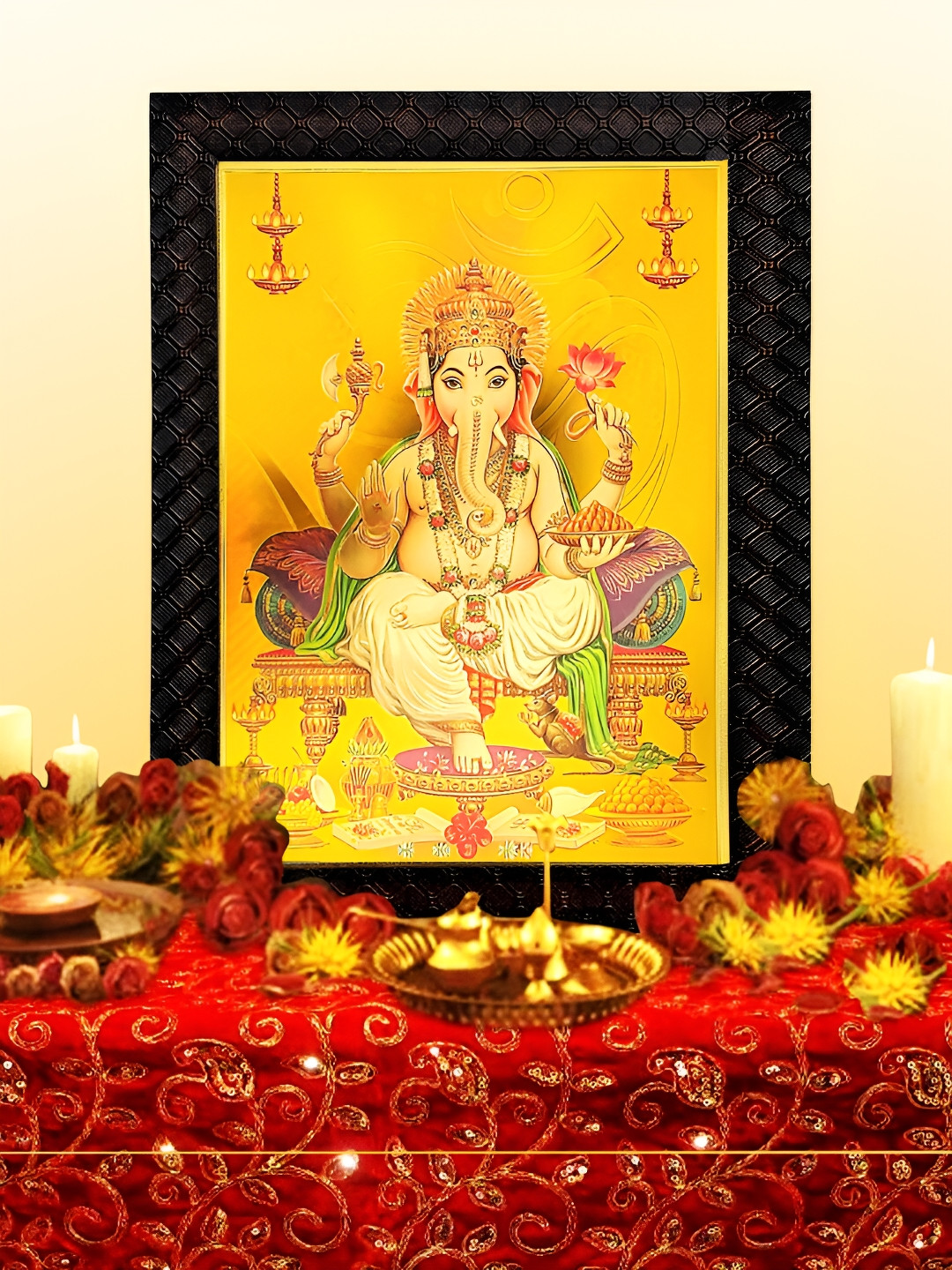 Hawai Black & Yellow Sri Goddess Ganesh Gold Plated Wooden Wall Photo Frame