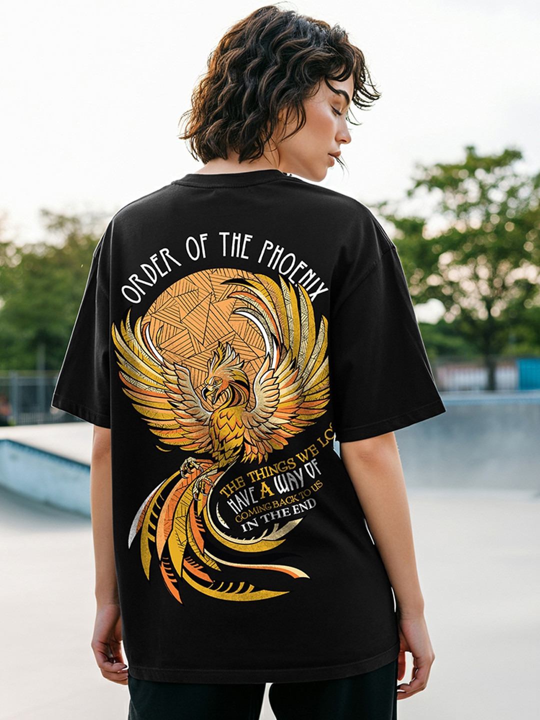 Bewakoof Black Harry Potter Printed Round Neck Short Sleeves Cotton Oversized T-shirt