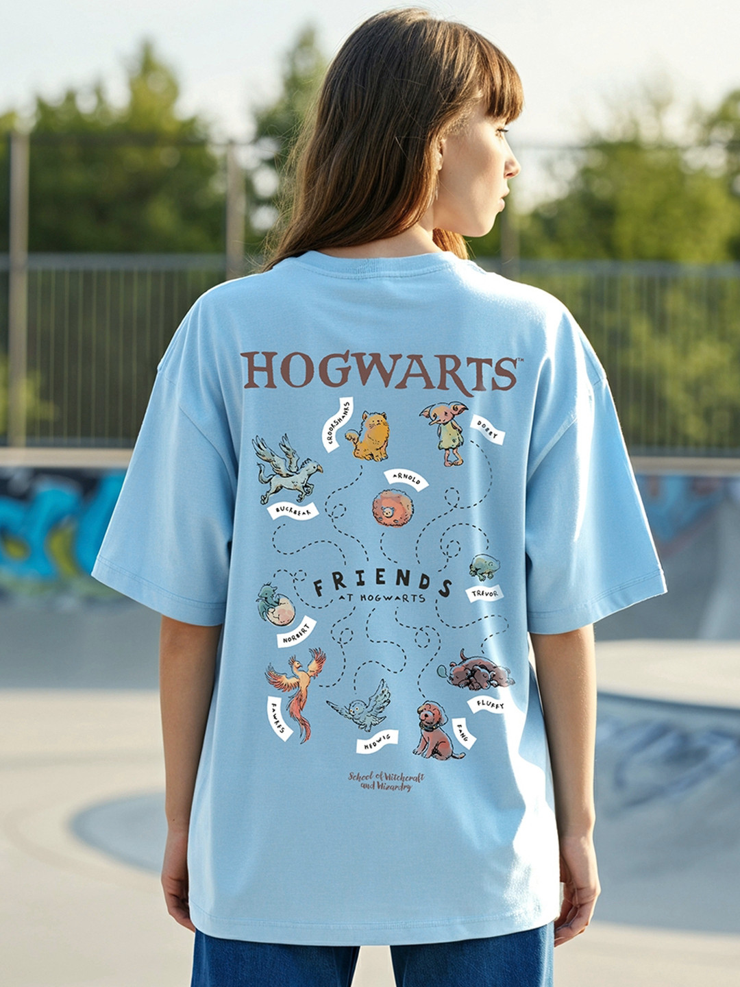 Bewakoof Official Harry Potter Merchandise School of Witch Craft Printed Oversized T-shirt