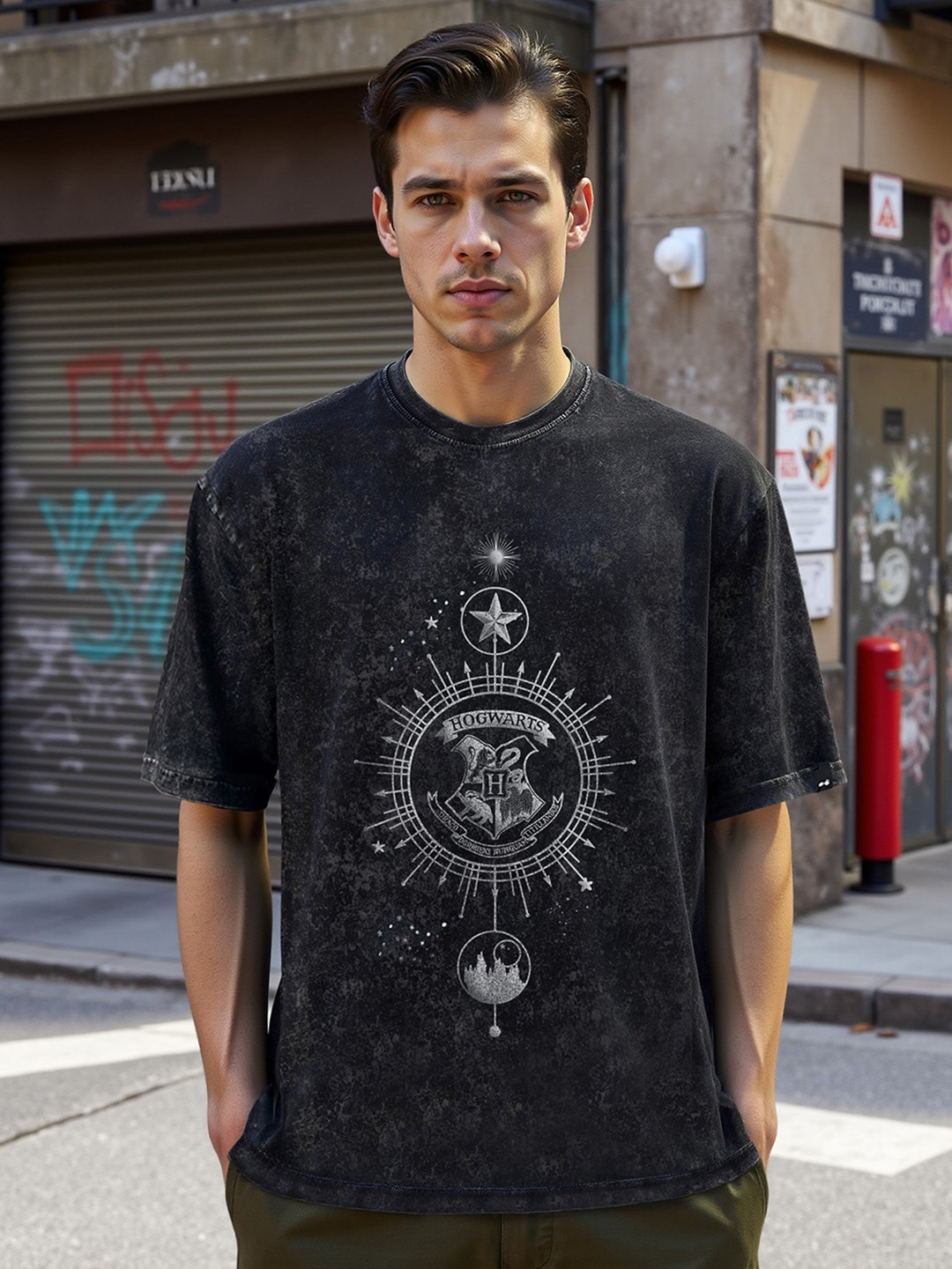 Bewakoof Black Harry Potter Printed Round Neck Short Sleeves Cotton Oversized T-shirt