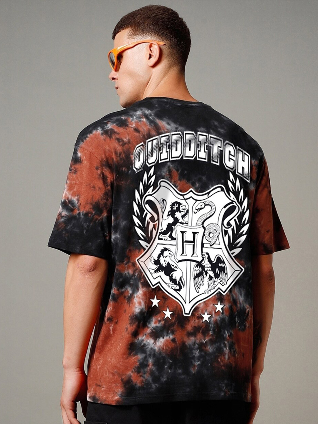 Bewakoof Black Harry Potter Printed Round Neck Short Sleeves Cotton Oversized T-shirt