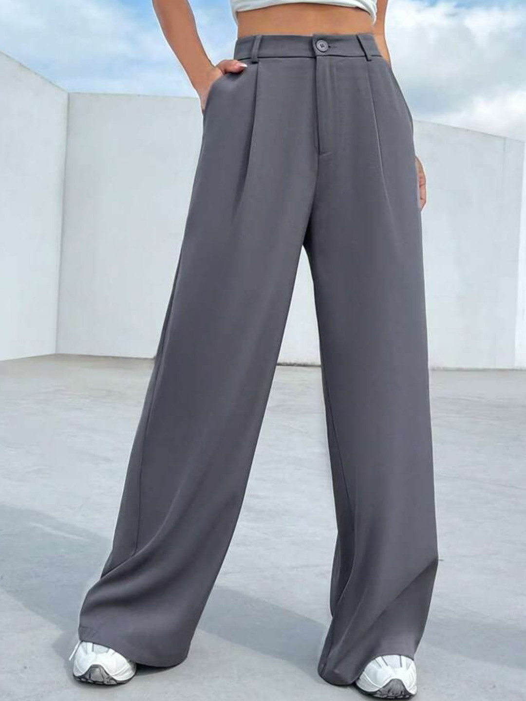 Next One Women Grey Pleated Korean Pants