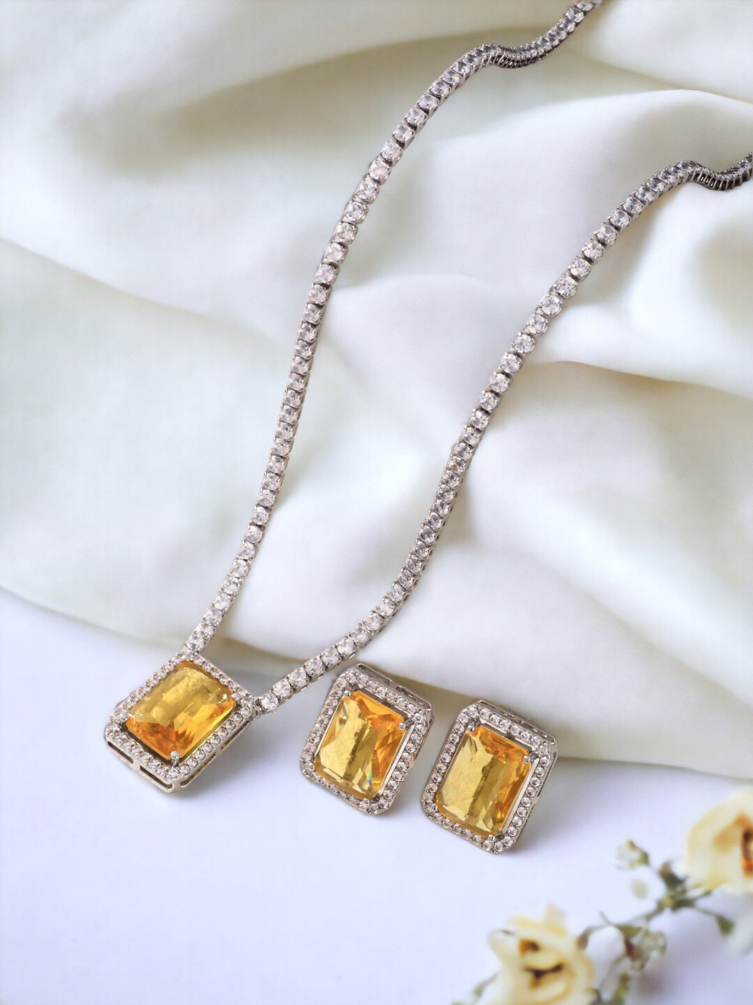 Jewels Galaxy Silver-Plated Crystal Studded Rectangle Shaped Necklace With Earrings