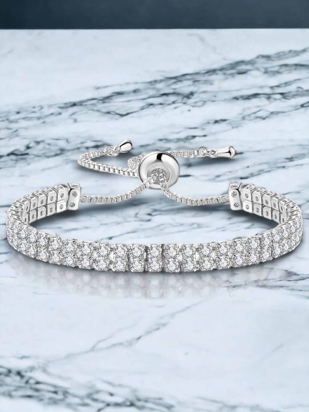Jewels Galaxy Silver Plated Dual Strand Round Cut Cubic Zirconia Matrix Tennis Bracelet