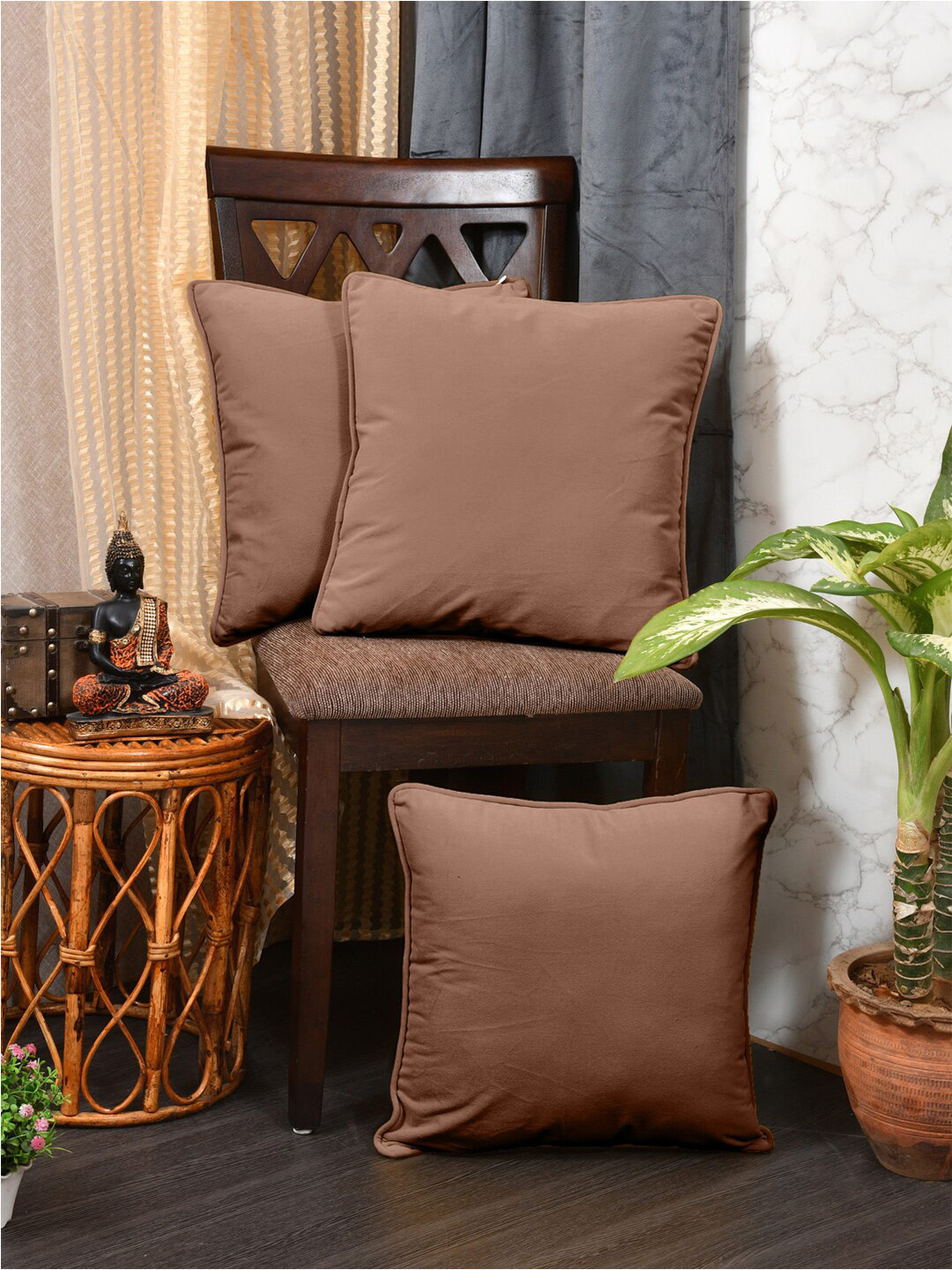 Clasiko Caramel Brown 3 Pieces Velvet Square Cushion Covers