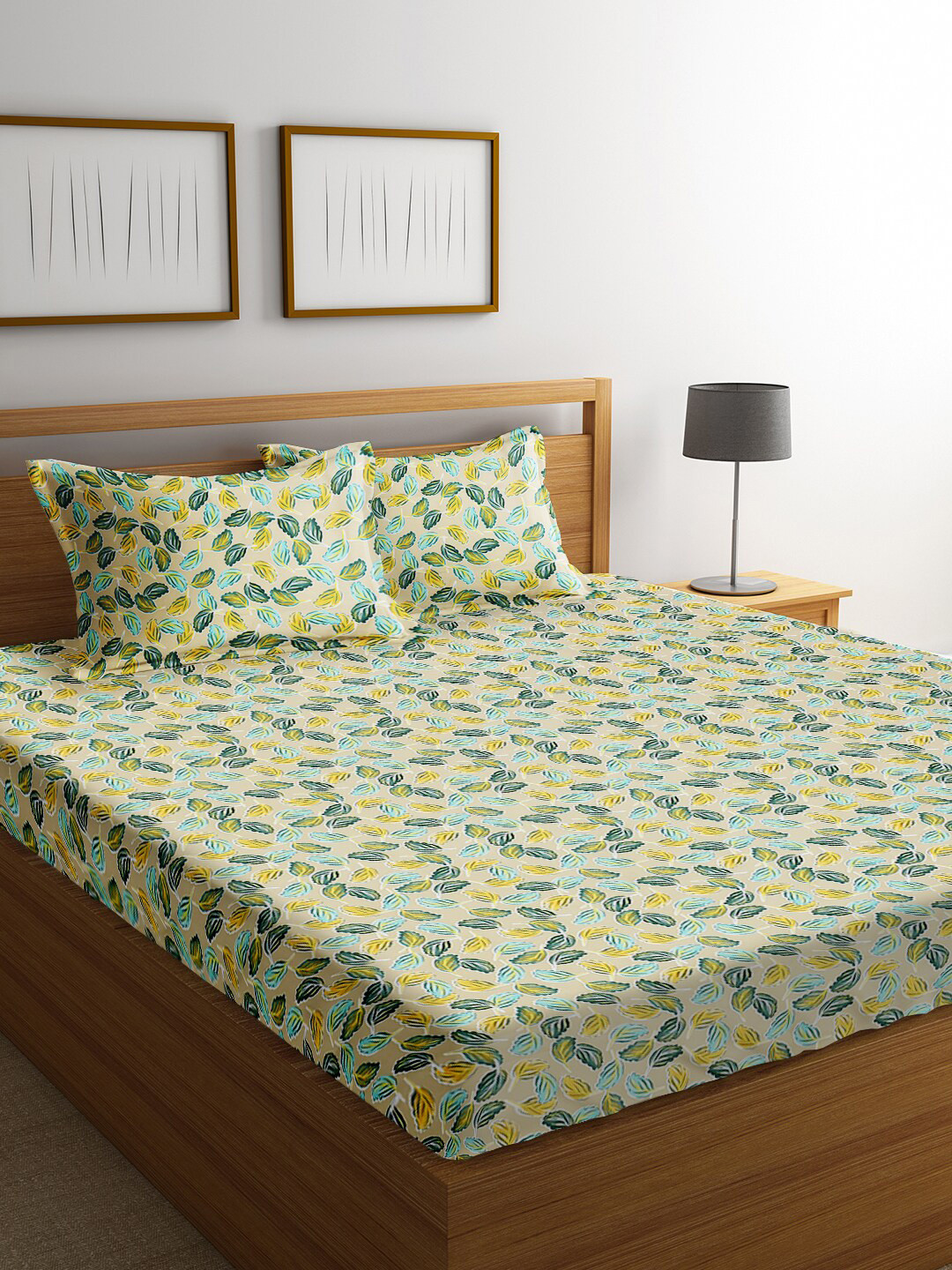 RAGO Green Leaf Microfiber 210 TC Queen Superfine Bedsheet with 2 Pillow Covers-90 x 98 inches