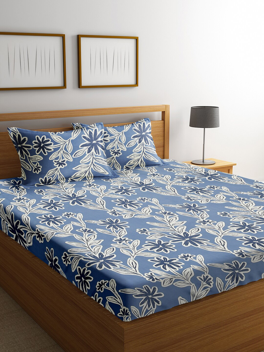 RAGO Relish Blue Floral Microfiber 210 TC Queen Superfine Bedsheet with 2 Pillow Covers-91 x 98 inches