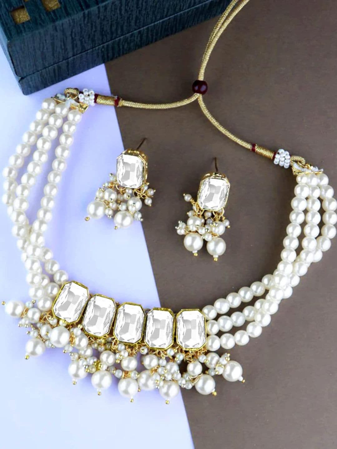 I Jewels Gold-Plated Stones Studded & Pearls Beaded Choker Necklace With Earrings