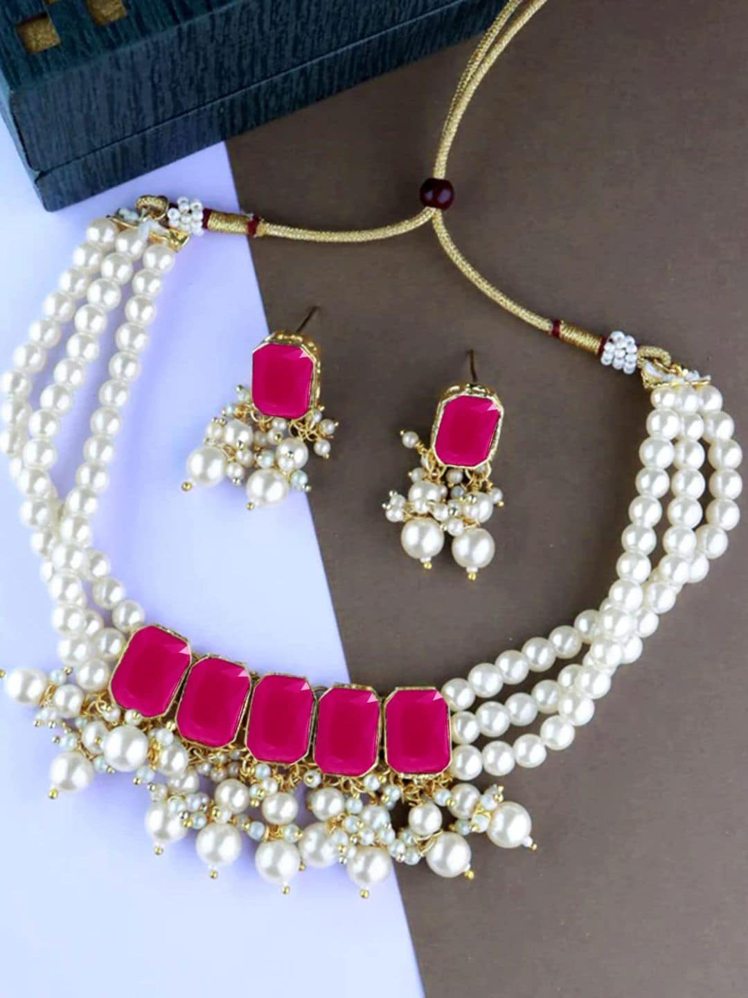 I Jewels Gold-Plated Stones Studded & Pearls Beaded Choker Necklace With Earrings