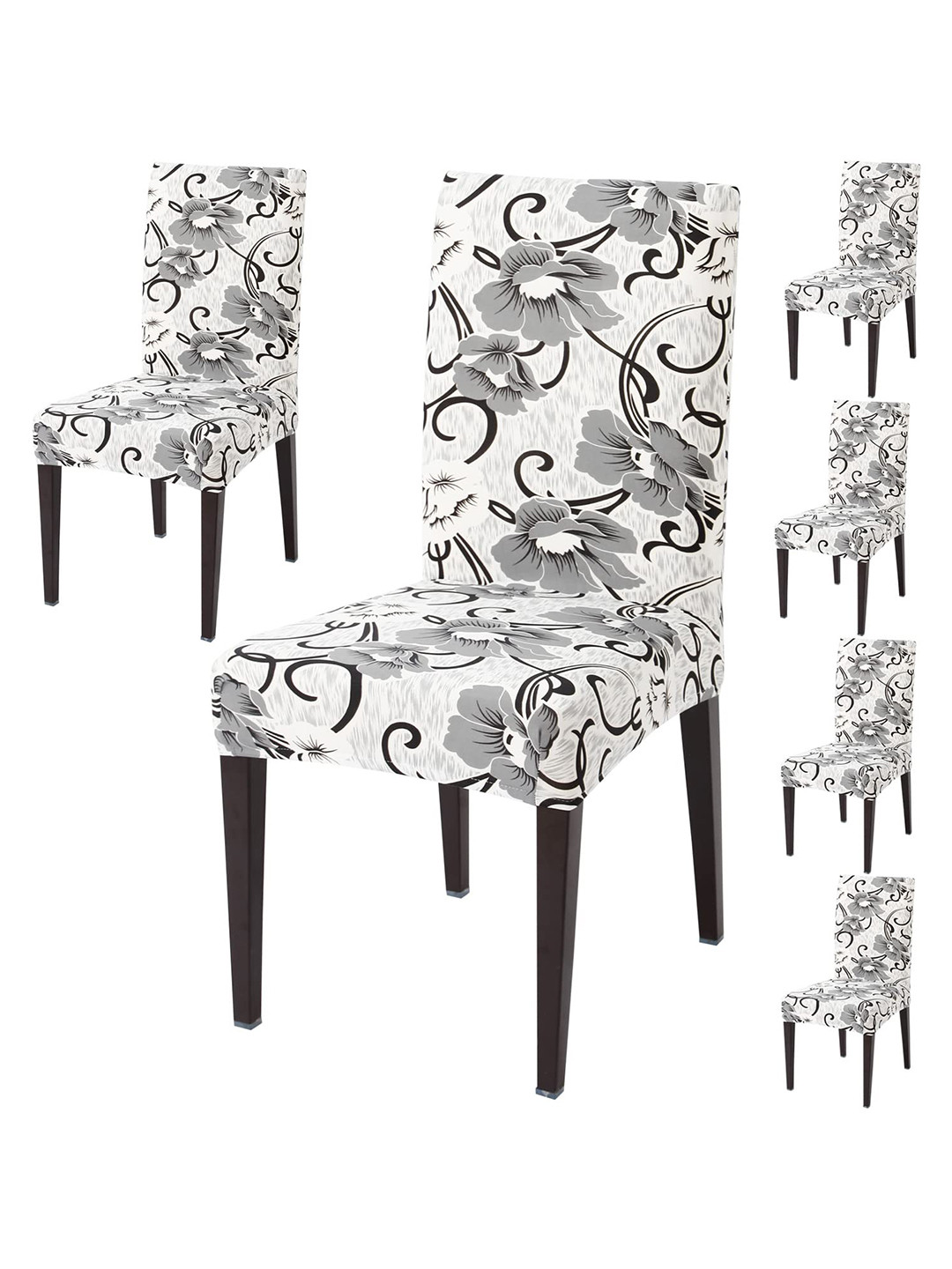 HOKIPO White & Black 6 Pieces Printed Stretchable Chair Covers