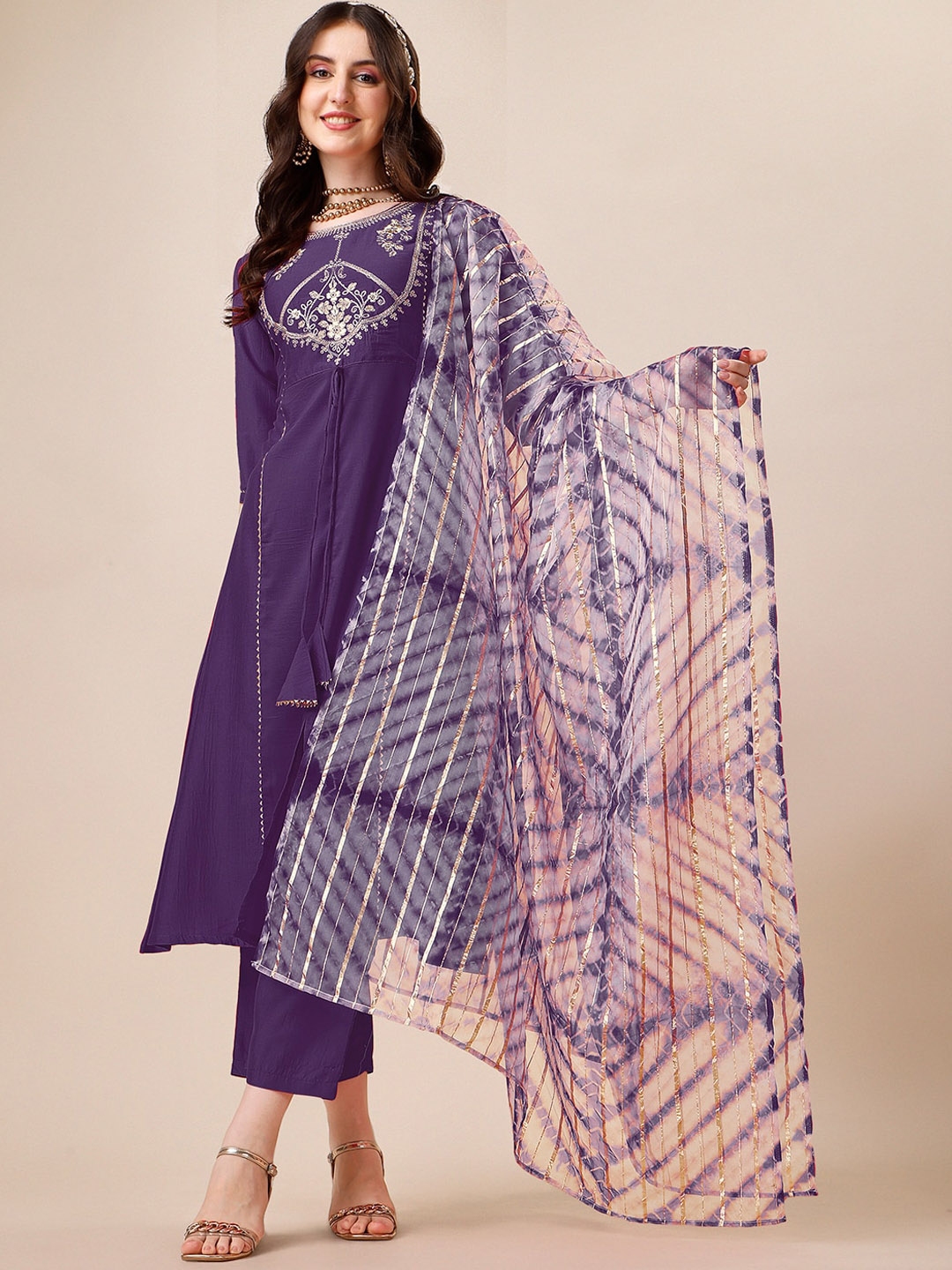 KALINI Ethnic Motifs Yoke Design Thread Work Detail A Line Kurta & Trouser With Dupatta - Kurta Sets for Women 26278716 | Myntra