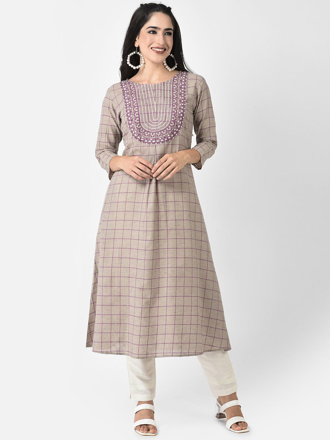 Span Checked Thread Work Cotton A-Line Kurta