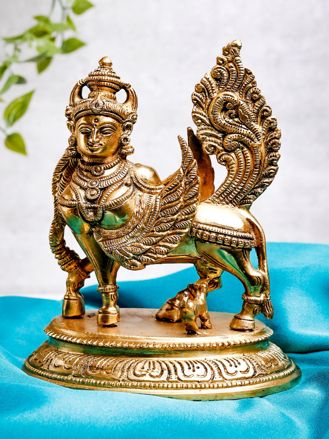 The Advitya Kamdhenu Standing Gold Brass Metallic Prayer Room Small Showpiece - 6.4 Inches