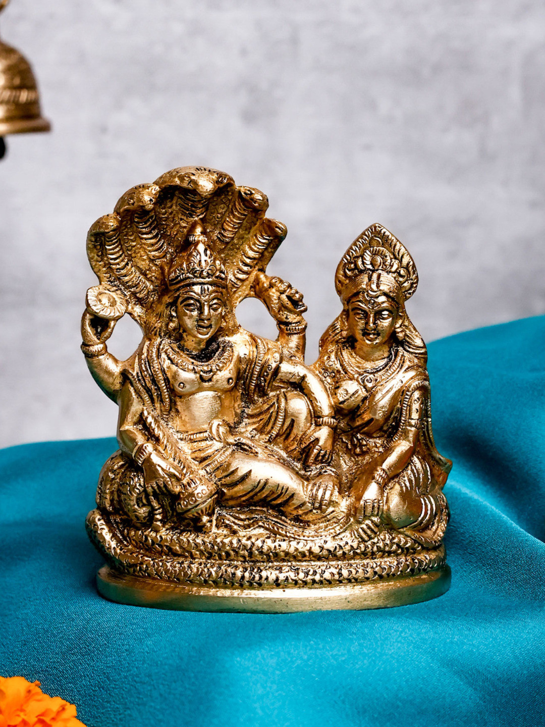 The Advitya Mini Vishnu and Laxmi Gold Brass Metallic Prayer Room Small Showpiece - 3.9 Inches