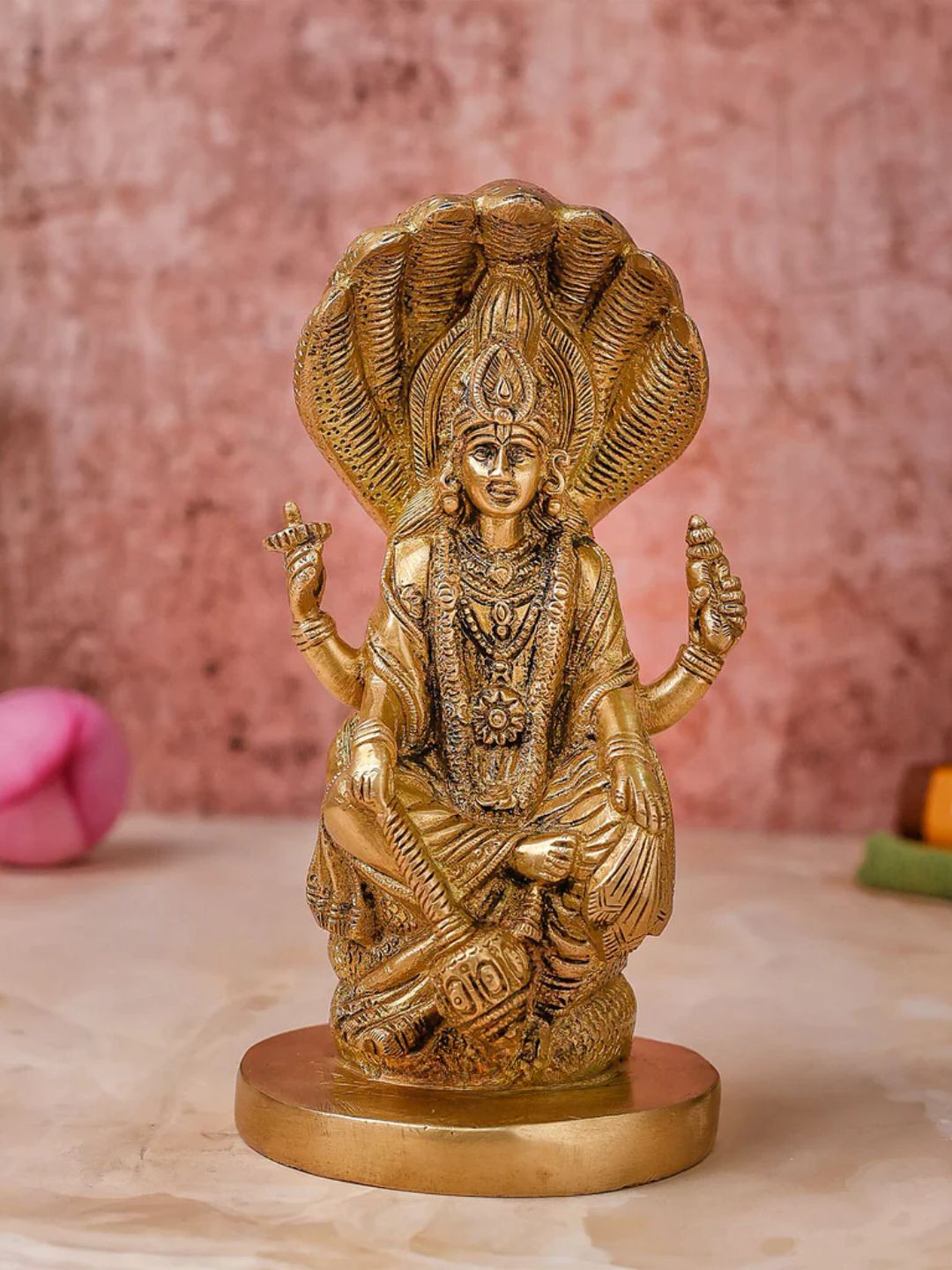 The Advitya Lord Vishnu with Snake Gold Brass Metallic Prayer Room Small Showpiece - 7.9 Inches