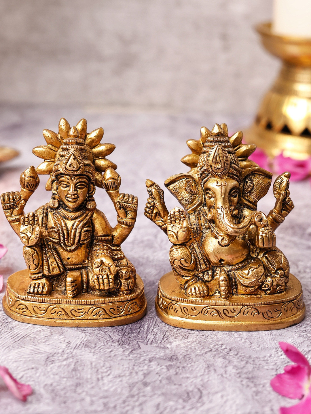 The Advitya Ganesh Laxmi with Sun Gold Brass Metallic Prayer Room Set of 2 Small Showpieces - 3 Inches