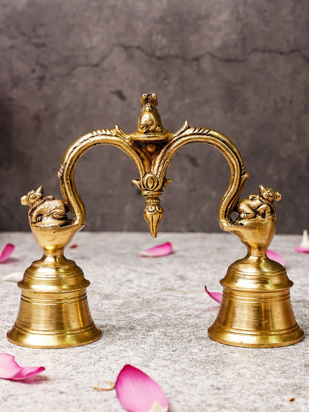 The Advitya Lord Nandi Cow Hand Bell Gold Brass Metallic Prayer Room Small Showpiece - 4.9 Inches