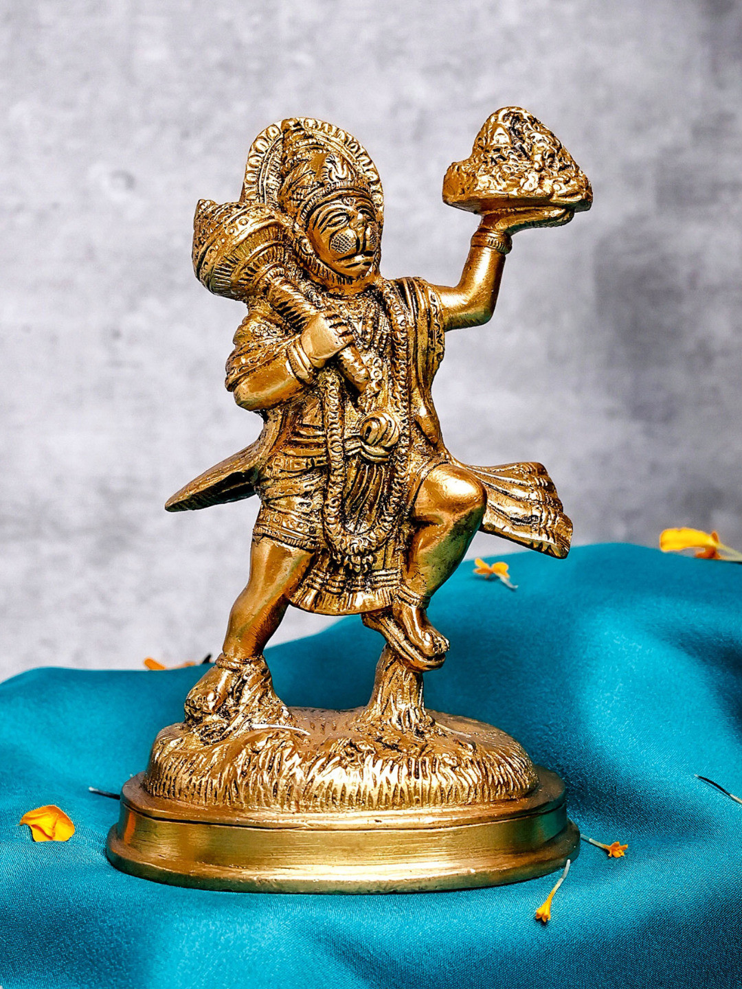 The Advitya Standing Hanuman Gold Brass Metallic Prayer Room Small Showpiece - 6.4 Inches
