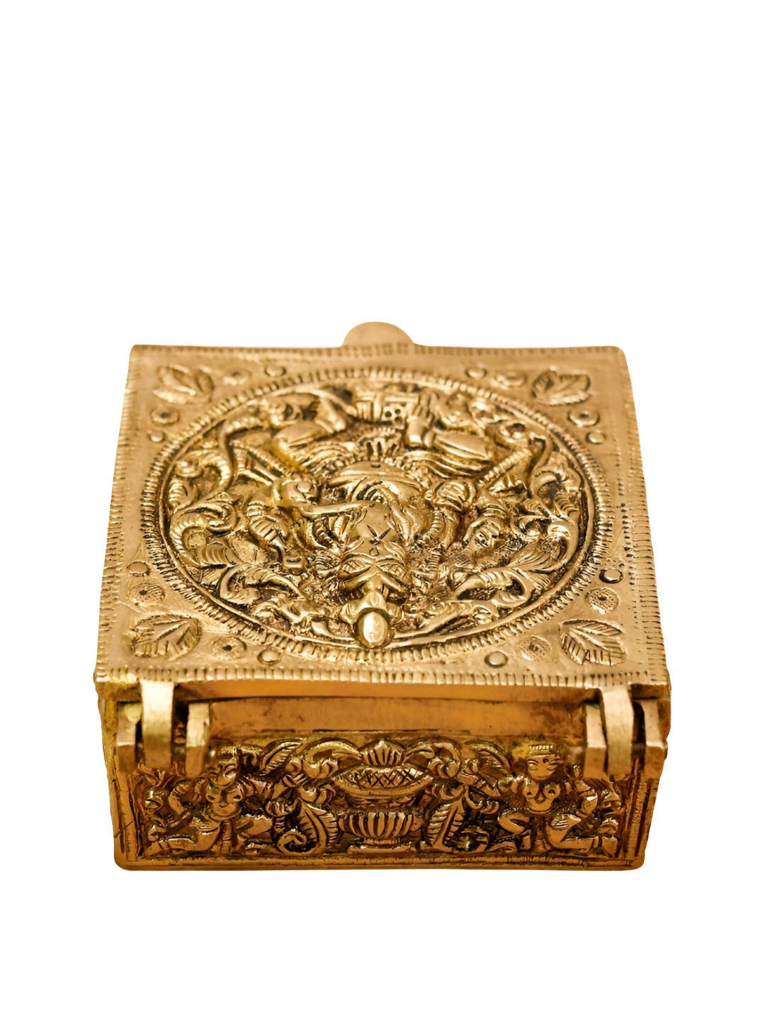 The Advitya Lord Ganesha Storage Box Gold Brass Metallic Prayer Room Tiny Showpiece - 3.5 Inches