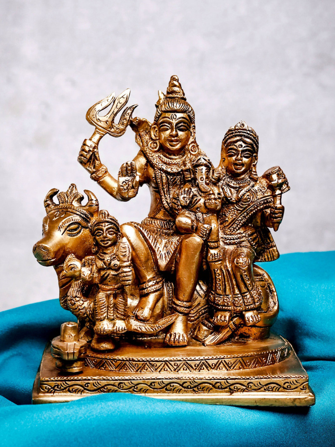 The Advitya Shiv Parivar with Nandi Gold Brass Metallic Prayer Room Small Showpiece - 5.9 Inches