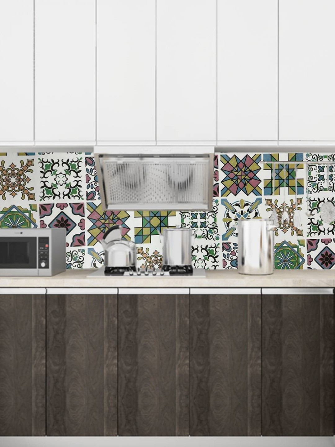 Jaamso Royals White & Green Square Tile Design Vinyl Kitchen Wallpaper