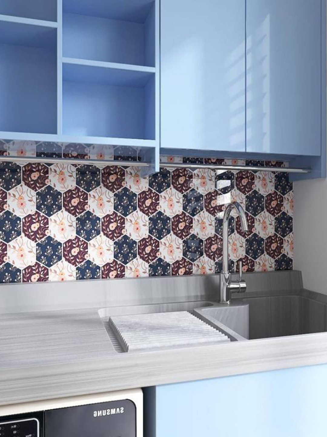Jaamso Royals White & Blue Horizontal Design With Leaves Vinyl Kitchen Wallpaper