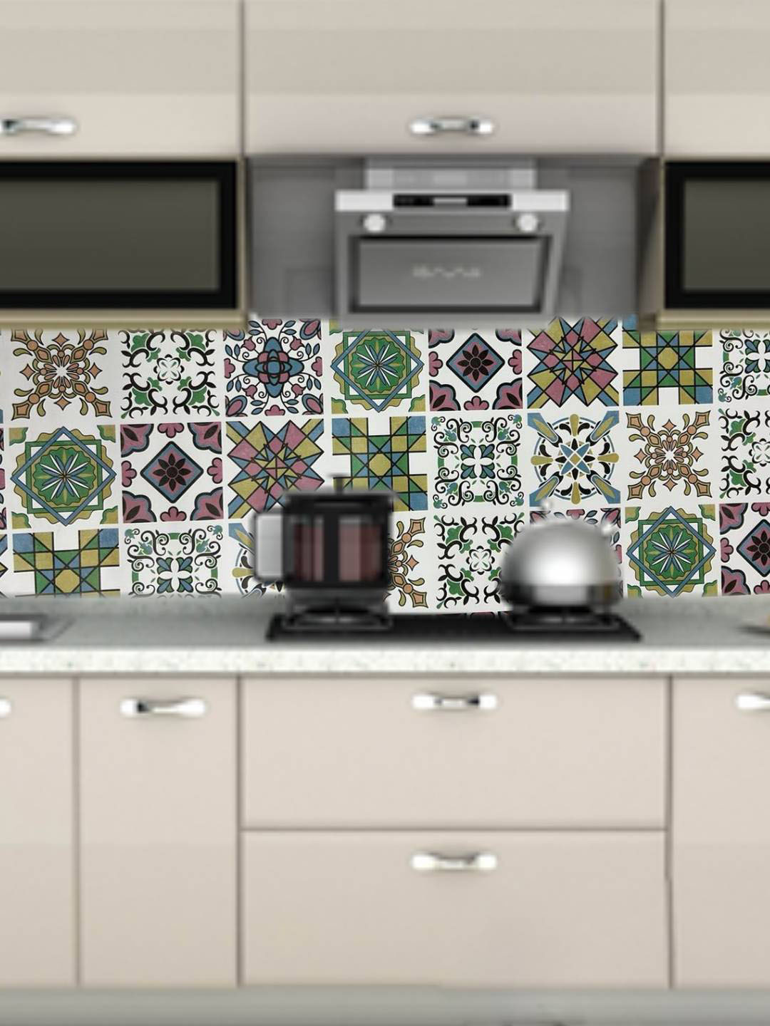 Jaamso Royals White & Green Square Tile Design Vinyl Self Design Kitchen Wallpaper