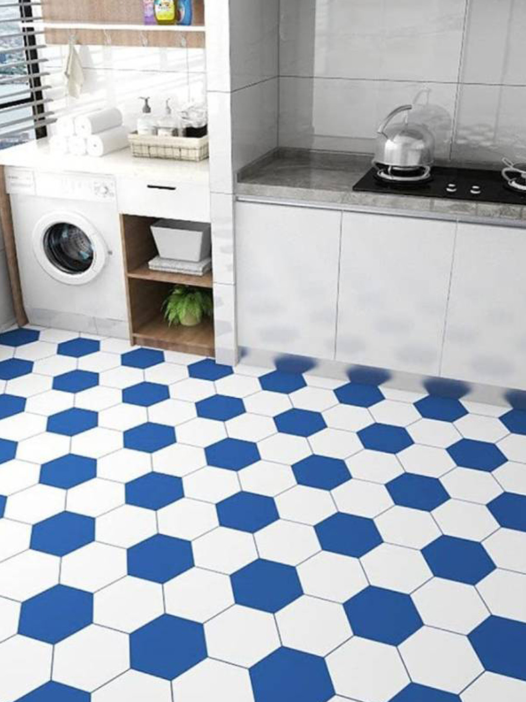 Jaamso Royals White & Blue Mosaic Design Self Adhesive Floor Sticker Wallpaper