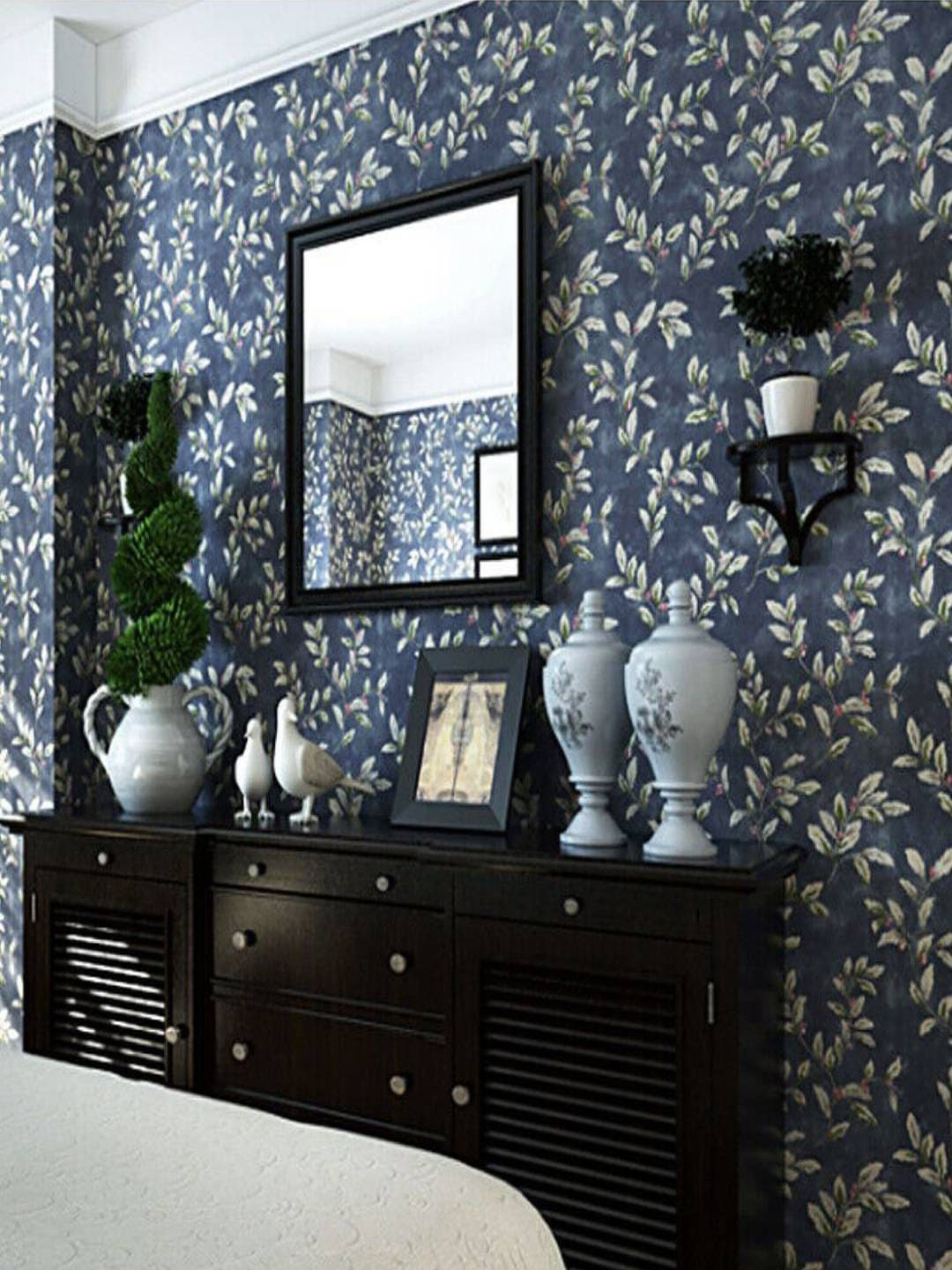 Jaamso Royals Blue & White Leaves Design Vinyl Self Adhesive Wallpaper