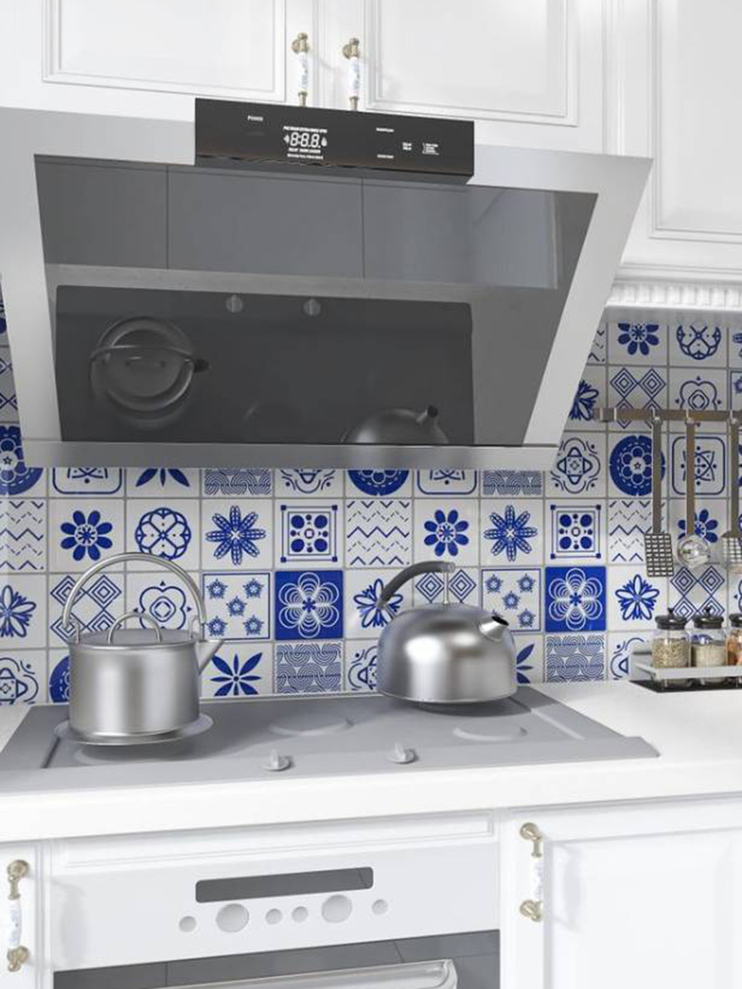 Jaamso Royals White & Blue Hexagon Art Design Self Adhesive Wallpaper