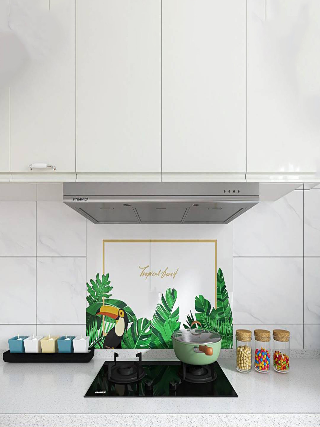 Jaamso Royals White Leaves Printed Oil & Rust Proof Self-Adhesive Kitchen Wallpaper